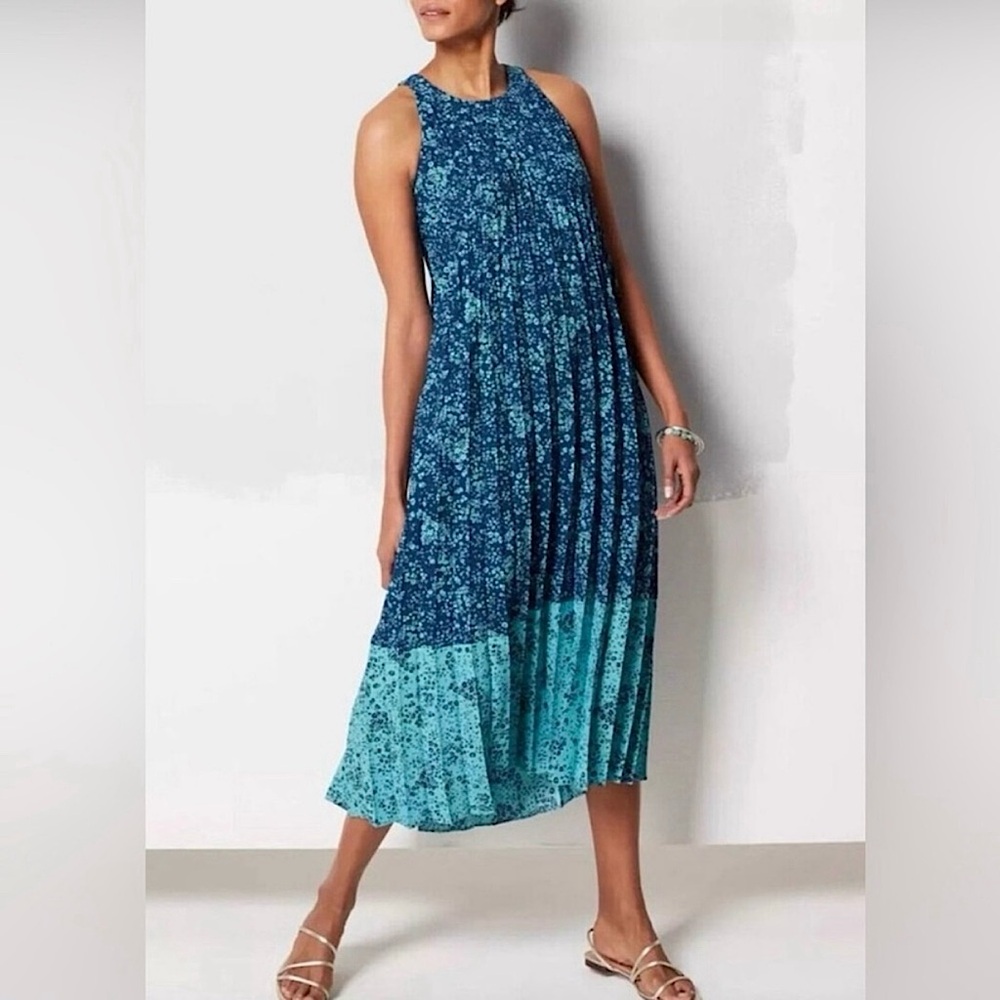 NWT J. Jill Floral Pleated Sleeveless Halter Neck Midi A Line Dress Blue Size XS